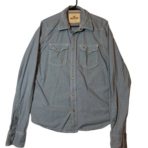 HOLLISTER Pearl Snap Shirt Mens XL Blue White Western Long Sleeve Pockets - Picture 1 of 8