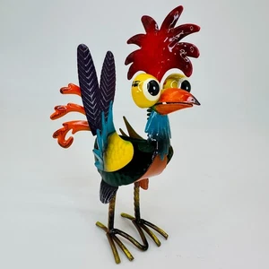 Whimsical Metal Rooster Sculpture Art – Bright Colorful Garden Decor – 8x7x3" - Picture 1 of 8