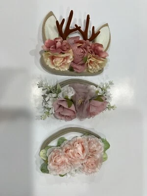 3pc Baby Girl Headbands Infant Deer Floral Headband  Nylon Hairbands Pink - Image 1 of 4