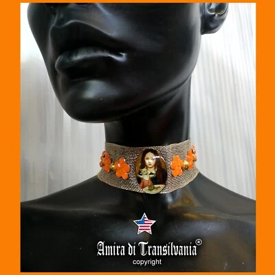 choker jewelry woman necklace collier golden collar cameo cat cabochon orange by - Image 1 of 4