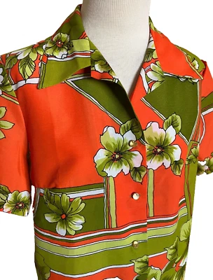 Camisa Top Blusa Hawaiana Vintage Mujer Grande Naranja Verde Floral Retro Años 70 Foto 1 de 4
