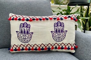 Linen Cushion Cover Fatima's Hand Block Print, With Colourful Tassels | 50x 30cm - Picture 1 of 16
