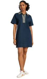 Everlane Organic Cotton Polo Dress Blue Point Collar Blouson Sleeves Size L NWT - Picture 1 of 8