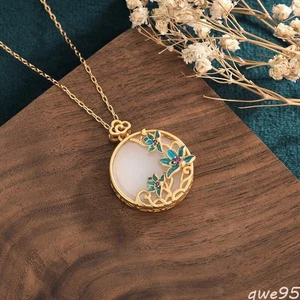 Chinese Hetian Jade Necklace Female Cloisonne Lotus Jade Pendant Necklace - Picture 1 of 9