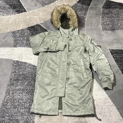 Abercrombie & Fitch блестящий нейлона парка женщин XS зеленый искусственного меха капюшон куртка Y2K - Изображение 1 из 4