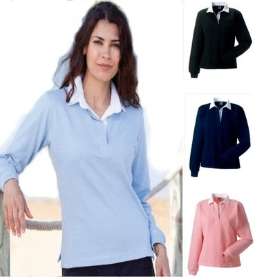 Jerzees Russell Ladies Womens Plain PINK or BLUE Long Sleeve Rugby Shirt - Image 1 of 3