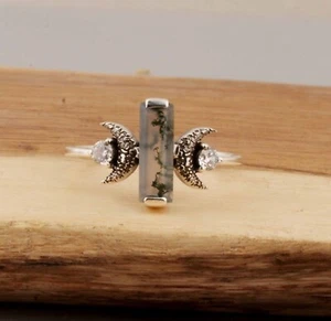 Anillo natural baguette musgo ágata anillo de piedras preciosas plata 925 anillo de banda ancha - Imagen 1 de 7