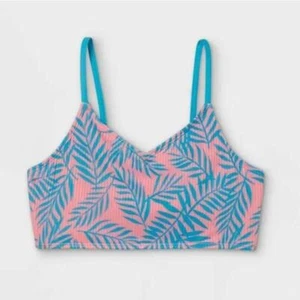 Ribbed Palm Print Textured Bikini Top Art Class Pink Blue Large 10/12 Swimsuit - Picture 1 of 5