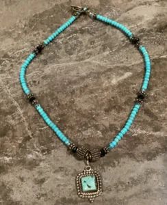 Navajo 925 Sterling Silver Turquoise Beaded Toggle Pendant 16" Necklace Jewelry - Picture 1 of 16