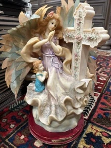 Vintage Guardian 15” Angel & Cross Watching Over Children Figurine Statue - Picture 1 of 15