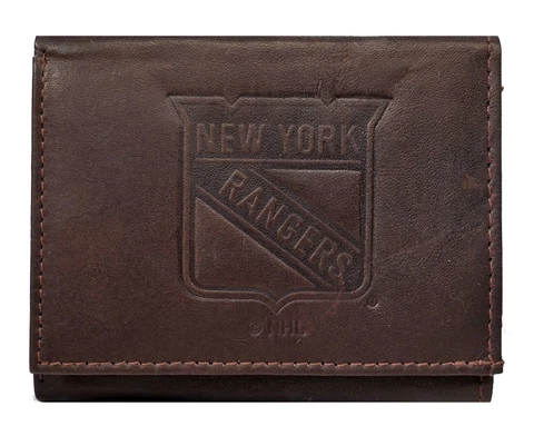 New York NY Rangers NHL - Distressed Look - Dark Brown Leather Trifold Wallet Cover