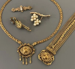 Antique Victorian Necklace Bracelet Set Floral Multi Chain Cameo Flower Brooch - Picture 1 of 13