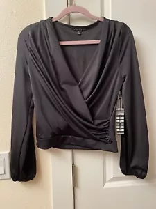 Sexy Low Cut V Neck Long Sleeve Wrap Flow Black Blouse Top Form Fitting Size S - Picture 1 of 11