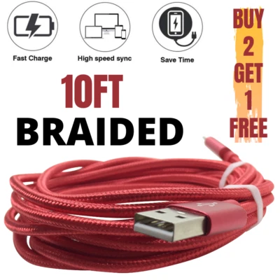 Braided 10Ft USB Charger Cable Data Charging For iPhone 14 13 12 11 XR iPad Cord - Image 1 of 4