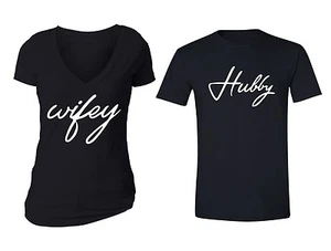 Couples Matching Shirts Wifey Hubby Matching Couple Vneck + Crewneck T-shirts BL - Picture 1 of 3