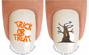 Nail Art HOLIDAY Halloween Spooky Tree TR or TR WaterSlide Nail Decals Transfers - Picture 1 of 2