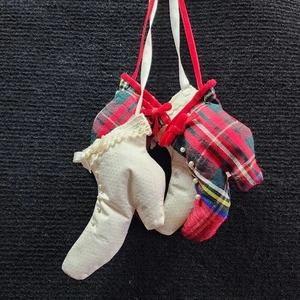 2 Vtg Ornaments Handmade Shoes White Royal Stewart Tartan Victorian Booties - Picture 1 of 8