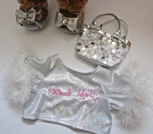 Build A Bear BAB Silver Sequin Purse + Silver Heel Shoes+ Rock Idol Fur Trim Top - Picture 1 of 7