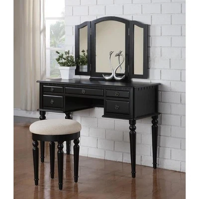 Elegant Saltoro Sherpi Black Makeup Vanity Table Stool Set With Tri-Fold Mirror - Image 1 of 4