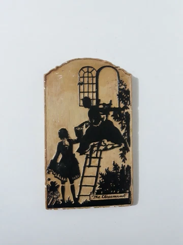 Vintage Painted Silhouette Plaster Of Paris Tile "The Elopemen"  1930' 8.5" x 5" Cover