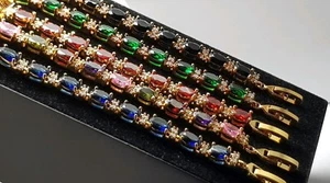 Yellow gold finish Black red multi green blue tennis bracelet free post gift box - Picture 1 of 10