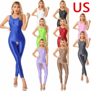 Women's Oil Glossy One Piece Jumpsuits U Neck Sleeveless Bodycon Bodysuit - Picture 1 of 89