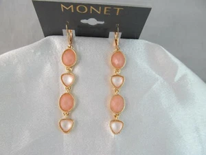 NWT MONET GOLD & LT. PINK CAT'S EYE & PINK OVAL LONG DROP DANGLE EARRINGS - Picture 1 of 6