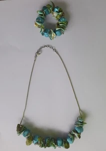 Turquoise Green Blue Aqua Silver Necklace Bracelet Shell Beach Jewellery Set Lot - Picture 1 of 8