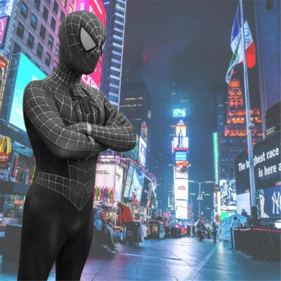 Black Venom Spiderman Jumpsuit Cosplay 3D Logo Bodysuit Men Costume Halloween UK - Image 1 of 4