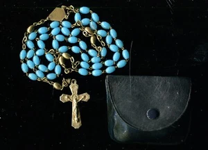 ANTIGUO ROSARIO FRANCÉS FRANCÉS DE METAL PERLA AZUL CRISTAL Y ORO CON BOLSILLO DE CUERO - Imagen 1 de 5