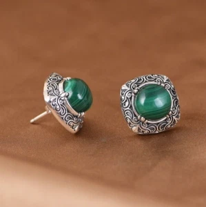 Orecchini I05 malachite verde motivo tralcio argento sterling 925 - Foto 1 di 8