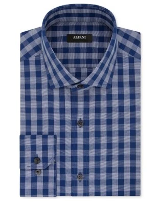 Nwt $95 Alfani Men'S Fit Blue Check Cotton Long-Sleeve Button Dress Shirt Size S - Image 1 of 4