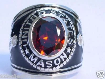 12X10 mm United States Mason Masonic January Red Garnet Stone Men Ring Size 7-14 - Image 1 of 4