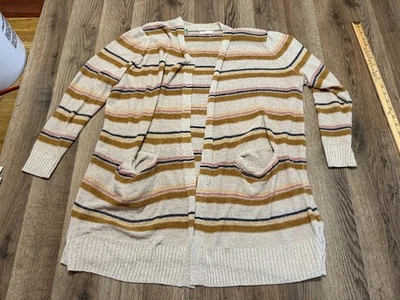 Maurices Sweater, Womens Size 2, Brown Yellow Blue Red Tan Striped Open Cardigan - Image 1 of 4