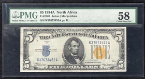 FR. 2307 1934-A $5 “NORTH AFRICA” SILVER CERTIFICATE PMG ABOUT UNCIRCULATED-58 - Picture 1 of 2