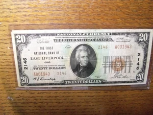 1929 $20 type 2,  FIRST NATIONAL BANK OF EAST LIVERPOOL,  OHIO CHARTER,  2146 - Picture 1 of 3
