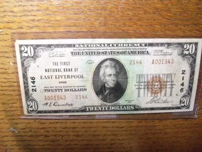 1929 $20 type 2,  FIRST NATIONAL BANK OF EAST LIVERPOOL,  OHIO CHARTER,  2146 - Image 1 of 3
