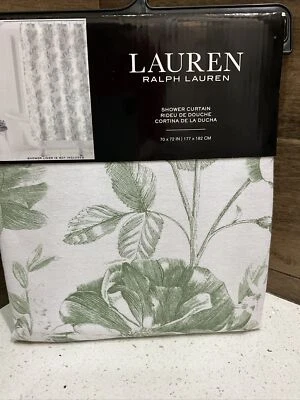 "Cortina de ducha de algodón de diseñador floral verde sobre blanco Ralph Lauren - 70x72""" Foto 1 de 4