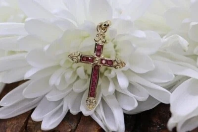 2.20Ct Round Cut Lab-Created Ruby Cross Pendant Women's 14K Yellow Gold Plated - Image 1 of 4