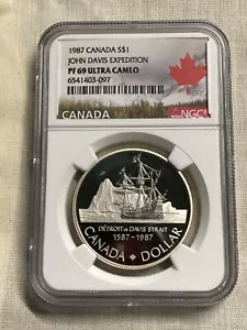 1987 $1 NGC PF 69 ULTRA CAMEO! CANADA SILVER DOLLAR JOHN DAVIS EXPEDITION - Picture 1 of 2