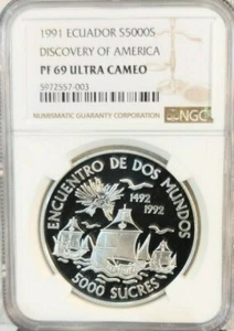 1991 ECUADOR SILVER 5000 SUCRES DISCOVERY OF AMERICA NGC PF 69 ULTRA CAMEO RARE - Picture 1 of 4