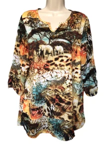 Thomas & Olivia Size XL African Safari Print Knit Tunic Top Semi-Sheer Sleeves - Picture 1 of 7