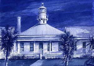 Cedar Keys Leuchtturm Florida. Seepferdchen Schlüssel Nacht. Gerald Hill Aquarelldrucke - Bild 1 von 2
