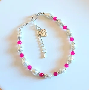 LADIES FASHION PINK - WHITE SILVER BEADS BRACELET SILVER PLATED 7.5" / 19CM - Picture 1 of 3