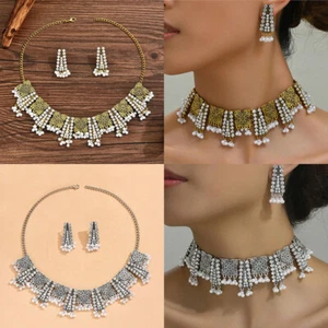Vintage Women's Collor Choker Pendant Bib Rhinestone Necklace Stud Earrings Set - Picture 1 of 7