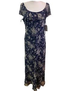 1930s style chiffon silk gown blue & cream floral ruffle neckline size 14 - Picture 1 of 8