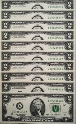 USA 2003 Series 10 pcs Running Number $2 Note L 00266553 - 00266562 A - Image 1 of 2