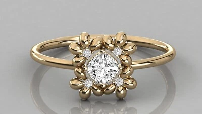 Anillo único de cuatro flores con cojín y moissanita de forma redonda en oro amarillo de 10 quilates Foto 1 de 3