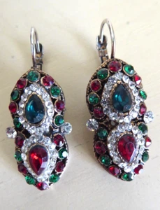 Indian Style Red, Green and Clear Rhinestone, Silver Tone Earrings, Safety Catch - Picture 1 of 10