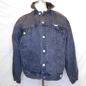 Vtg Guess Mens Sz L Marciano Classic Style Black Denim Trucker Jacket Leather - Picture 1 of 11